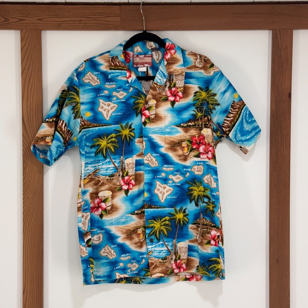 Vintage RJC Hawaiian Blue Tropical‎ Hawaii Floral Ukulele Button Down Shirt L